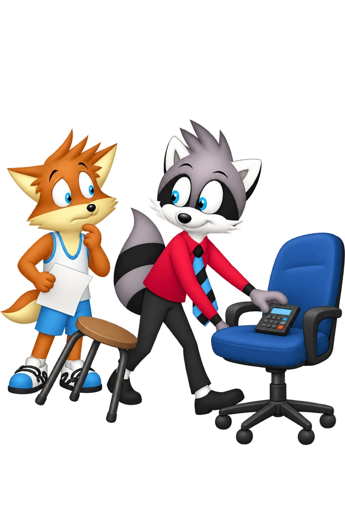 A raccoon puts a calculating device on a cushioned chair while an orange colleague waits beside a small stool.