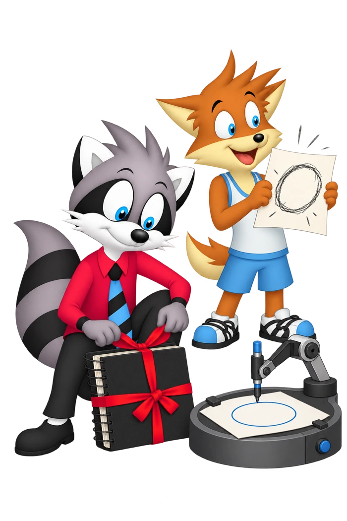 A raccoon ties a ribbon around a closed sketchbook beside a circle-drawing device while an orange colleague holds a drawing.