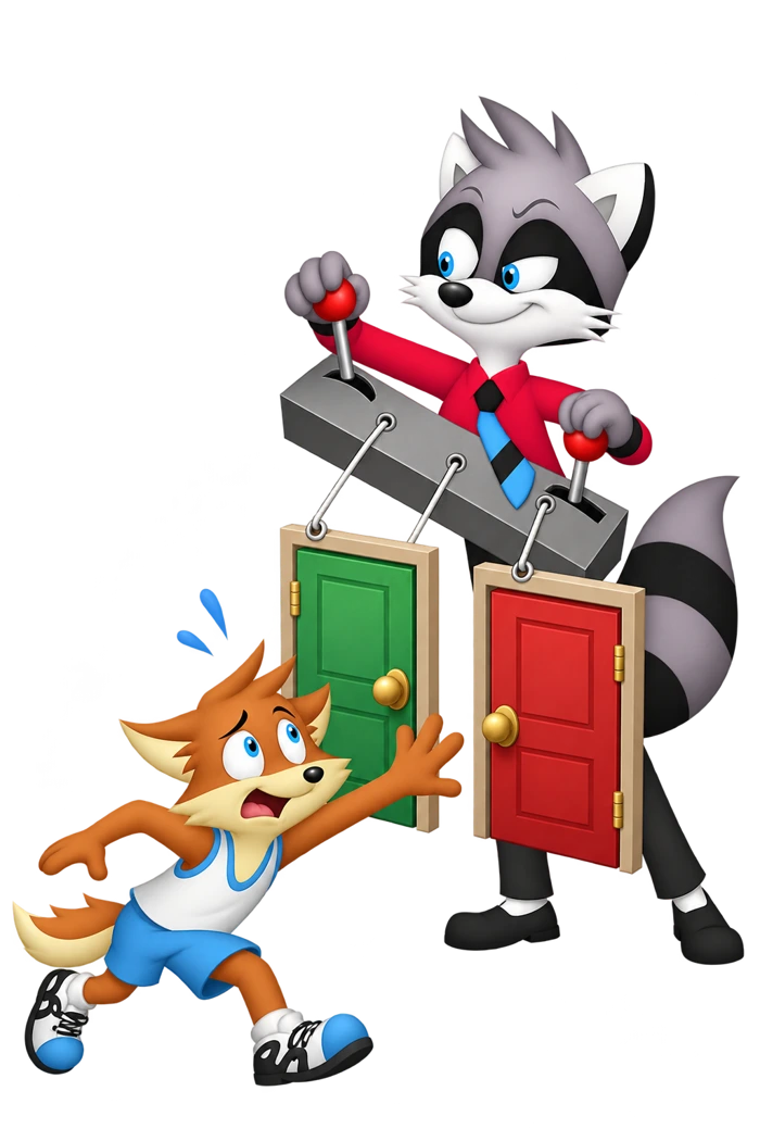A raccoon holds the controls attached to a two-door display while an orange colleague reaches toward its handles.
