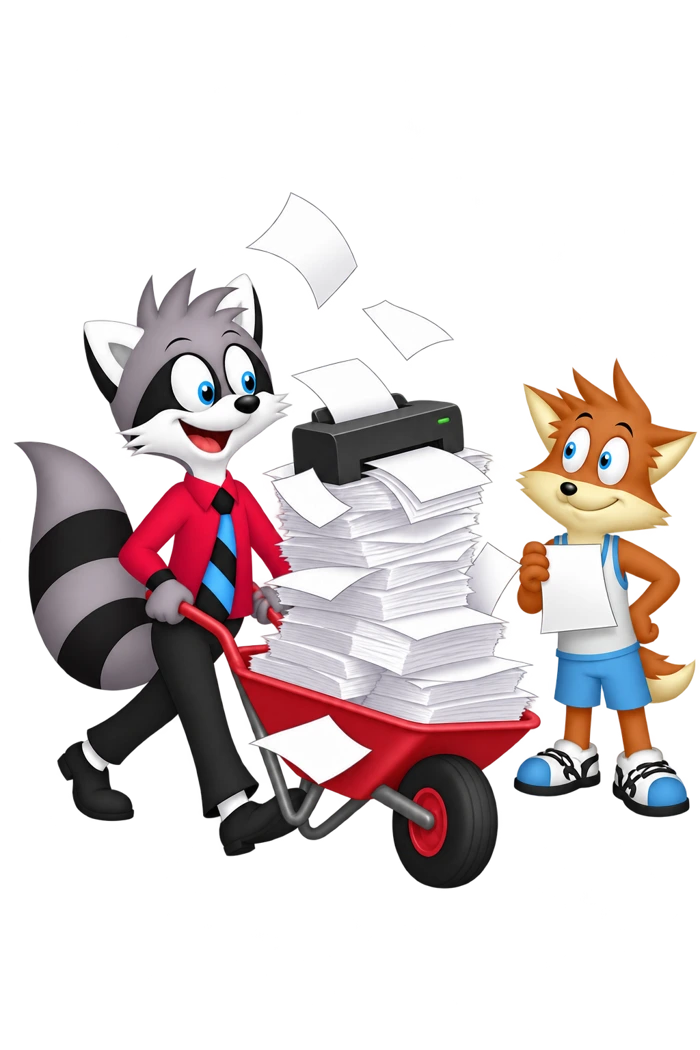 A raccoon pushes a barrow overflowing with printouts while an orange colleague holds one sheet.
