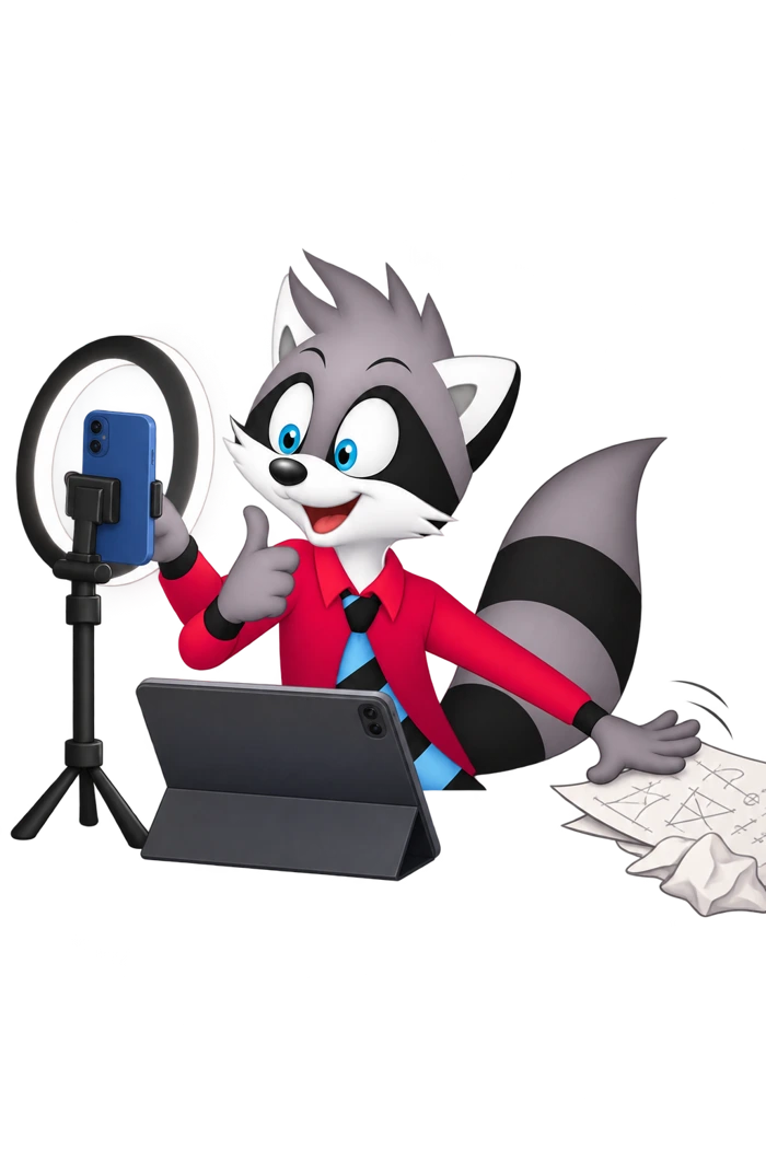 A raccoon faces a phone and ring light while moving a sheet of calculations outside the camera's view.