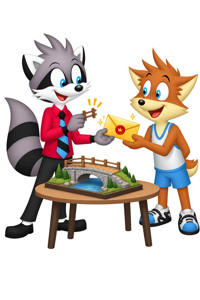 A raccoon receives a shiny invitation beside a model bridge with a rail being removed.