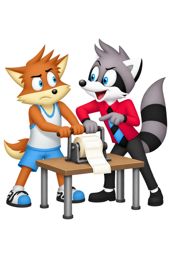 A grey raccoon reaches over an orange colleague to control the crank the colleague is already turning.
