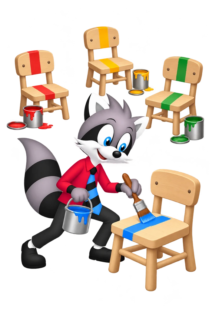 A grey raccoon begins painting a fourth chair while three earlier chairs each have only one colored stripe.