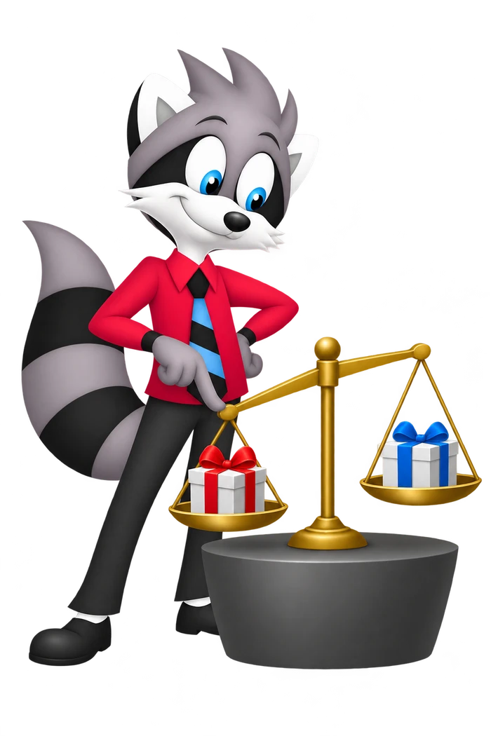 A grey raccoon presses one side of a balance scale carrying two equal parcels with different-colored ribbons.