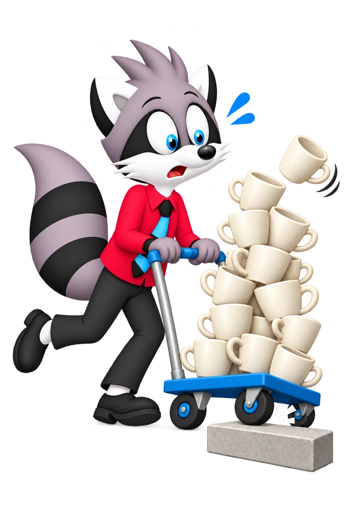 A grey raccoon pushes a trolley stacked with cups into a low step as a top cup tips into the air.
