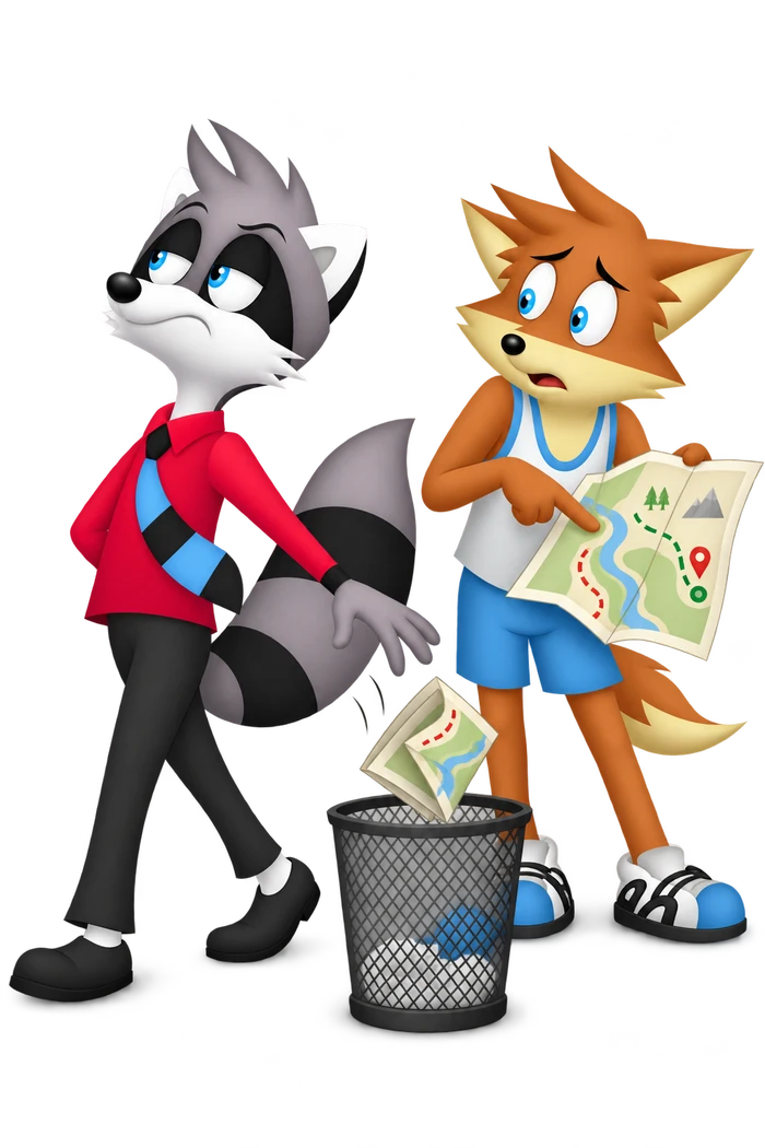 The grey character drops a map into a wastebasket and turns away while an orange companion holds another open map.