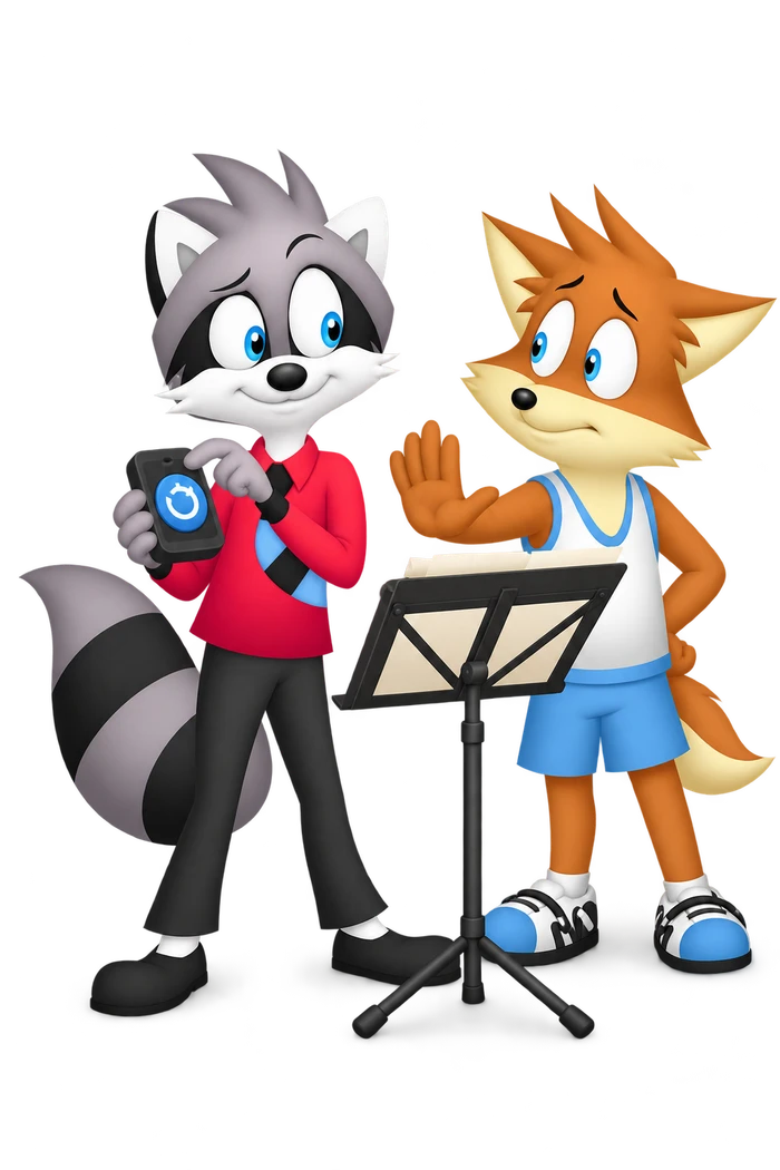 The grey character holds a player with a replay symbol while an orange companion beside a music stand raises an open palm.