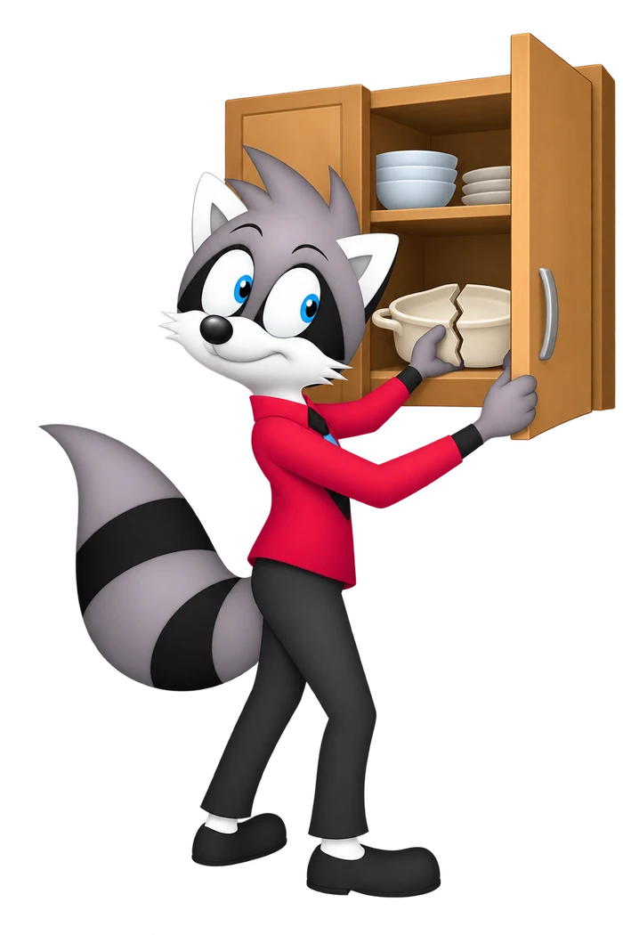 The grey character holds a cupboard door beside a casserole dish whose two halves are visibly separated by a large crack.