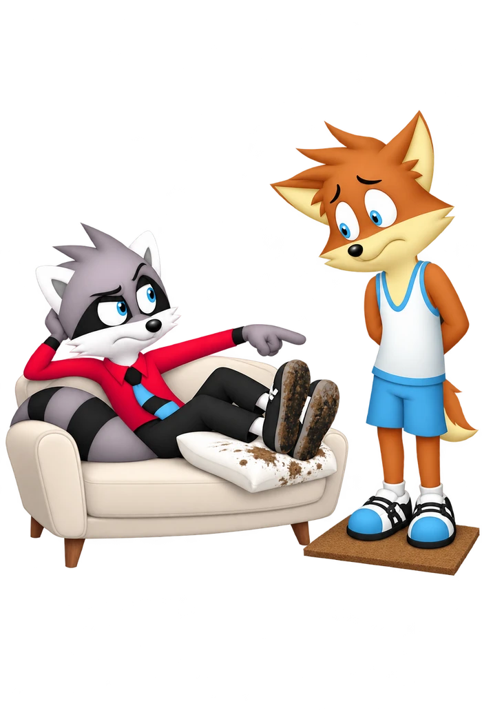 The grey character points toward an orange companion’s shoes while resting muddy shoes on a pale sofa cushion.