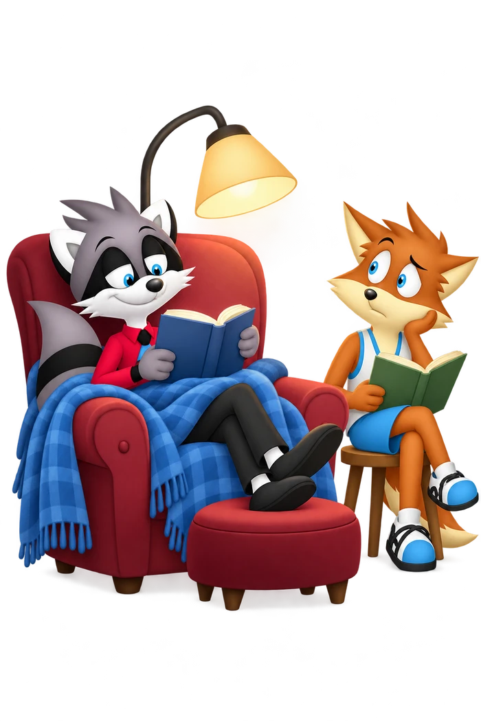 The grey character enjoys an armchair, blanket and reading lamp while an orange companion reads from a small unlit stool.