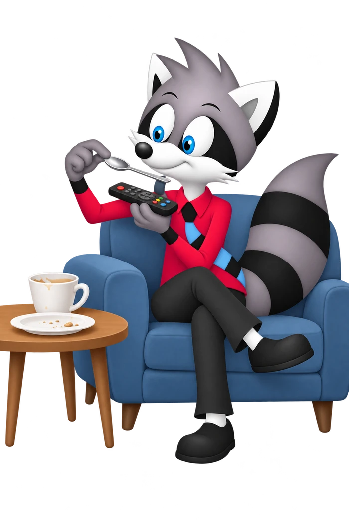 The grey character studies a spoon held above a remote control while a used breakfast cup and plate wait on a side table.