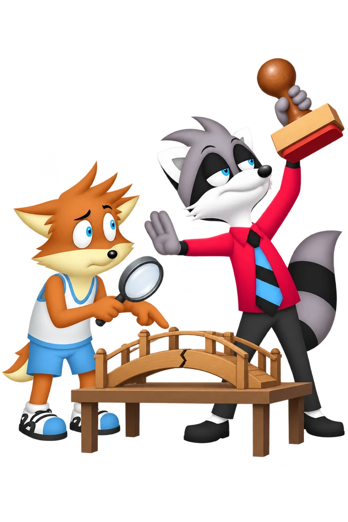 A grey raccoon raises an approval stamp and waves away an orange colleague pointing to the crack in a small bridge model.