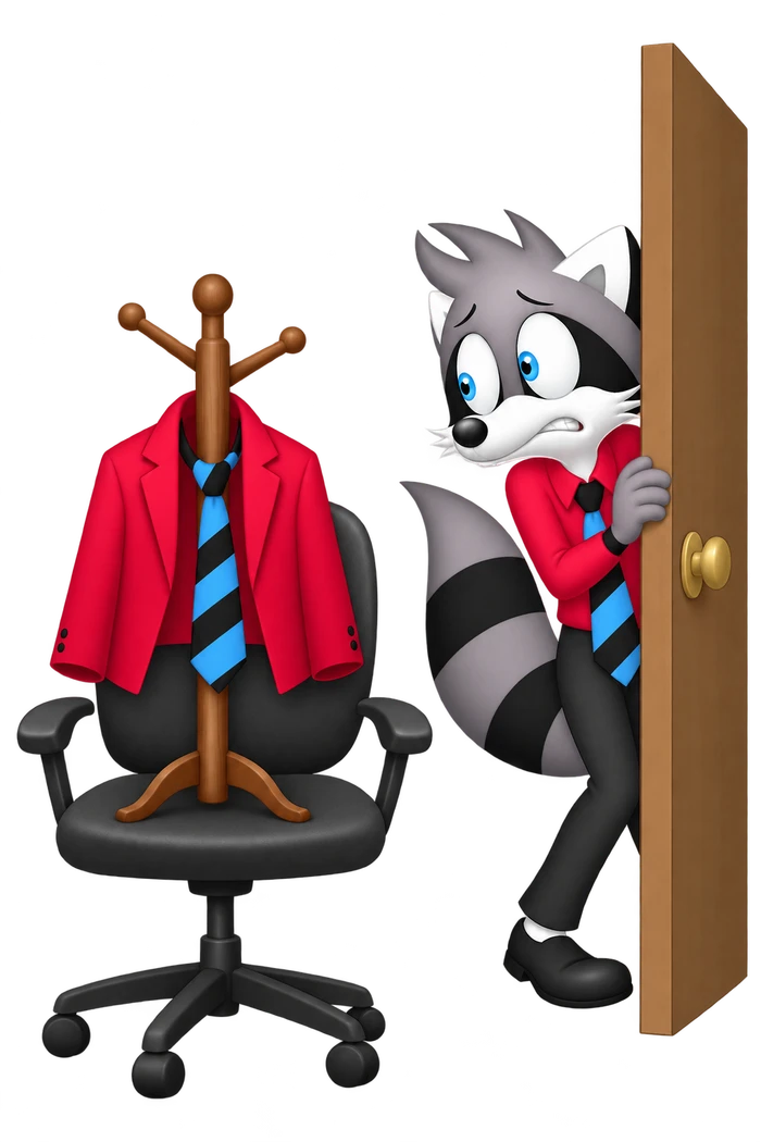 A grey raccoon peeks from behind a door while a jacket on an empty coat stand occupies the meeting chair.