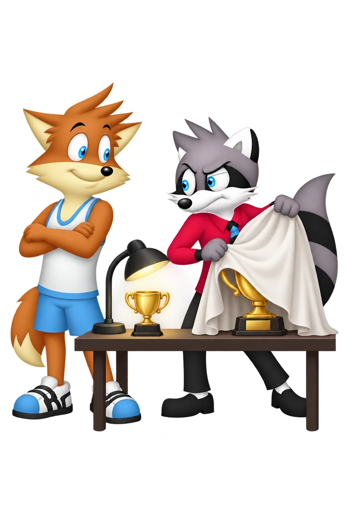 A grey raccoon covers an orange colleague’s larger trophy while a lamp illuminates his own smaller award.
