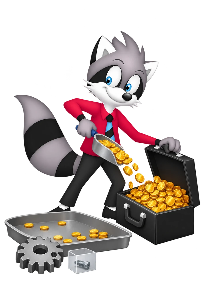 A grey raccoon transfers coins from a shared tray into his already full personal case beside a machine gear and small replacement parts.