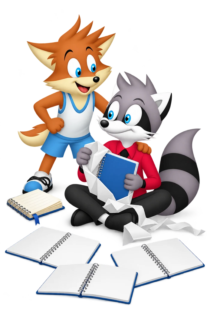 A grey raccoon clutches a new blue notebook amid blank open notebooks and discarded white wrappers; an orange colleague stands behind.