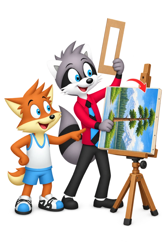 A grey raccoon adjusts a landscape painting beside a tall narrow viewing frame while an orange colleague points at the picture.