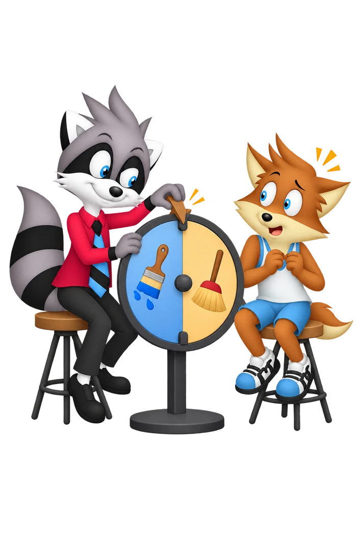 A grey raccoon fixes a shared-task wheel with a peg, keeping the brush symbol toward himself and the broom toward an orange colleague.