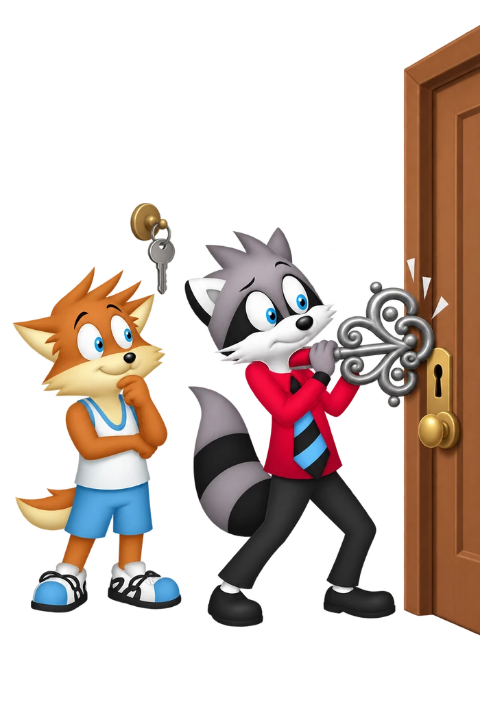 A grey raccoon holds an elaborate curling key against a studio door lock while a small plain key hangs above and an orange colleague looks on.