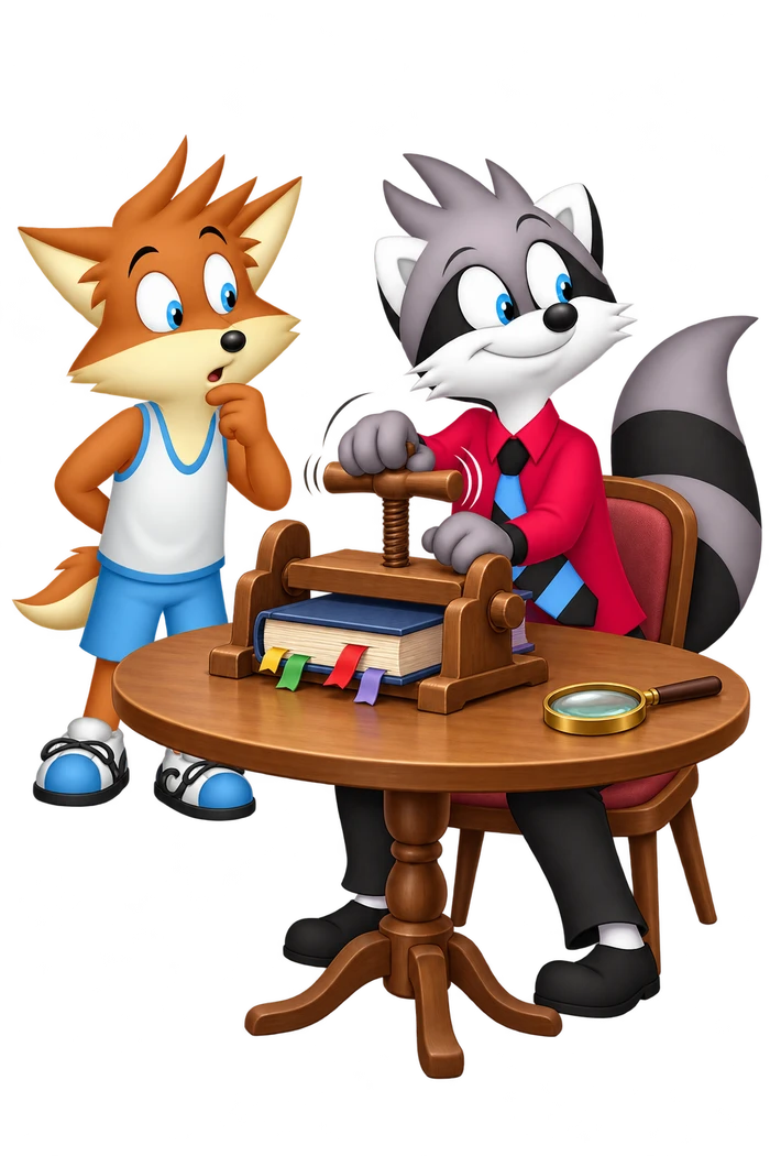 A grey raccoon tightens a large clamp around a closed book with projecting bookmarks while an orange colleague watches.