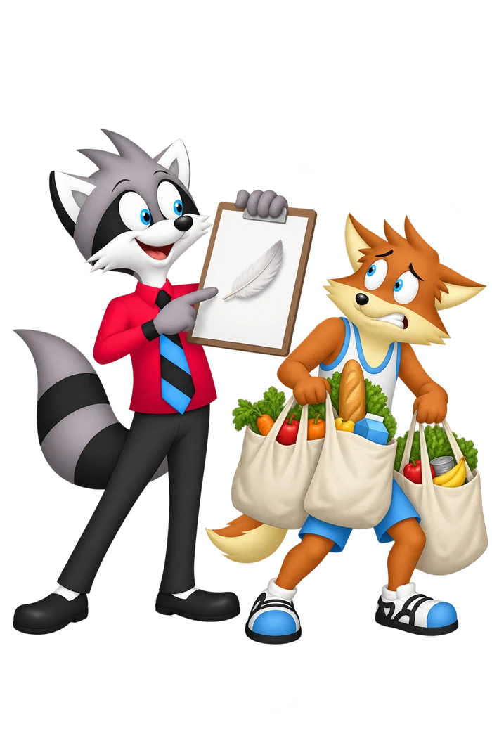 The grey raccoon points cheerfully to a feather on a clipboard while an orange adult carries three full grocery bags beside him.