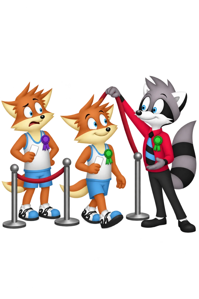 Wearing a green rosette, the grey raccoon lifts a queue rope for an orange visitor with a matching badge while a purple-badged visitor waits with the same white token.