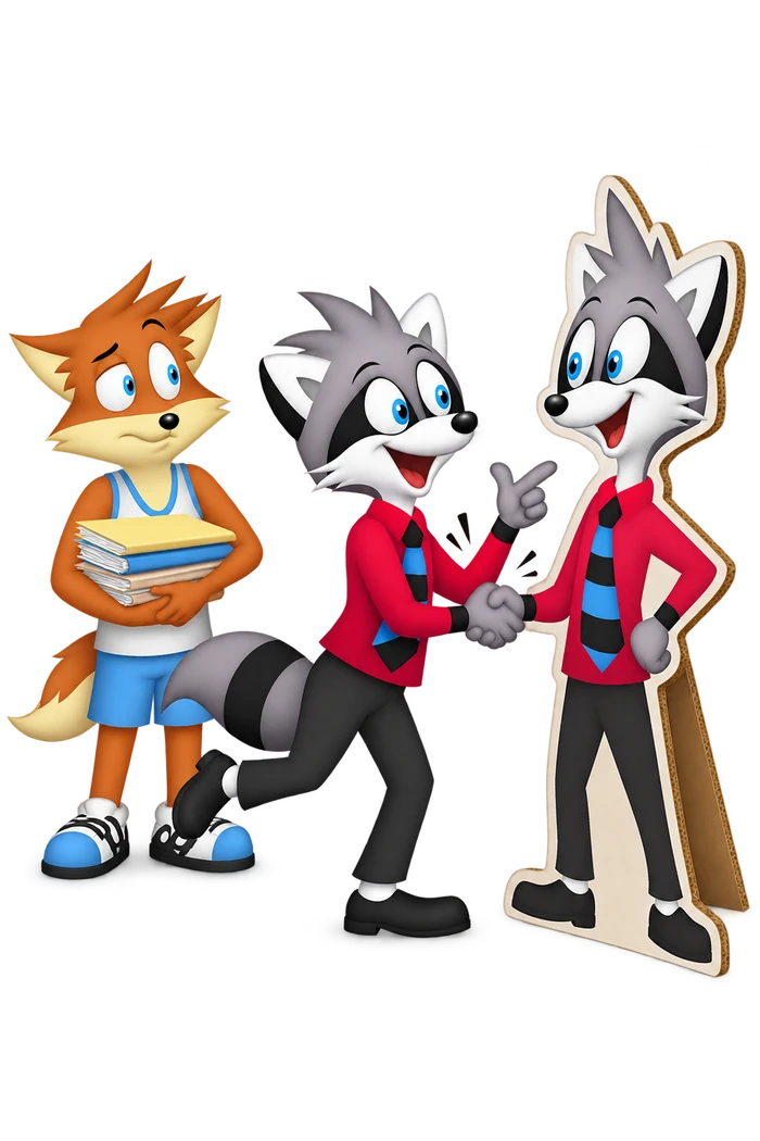 The grey raccoon shakes hands with his own flat cardboard cutout while an orange adult waits holding folders.