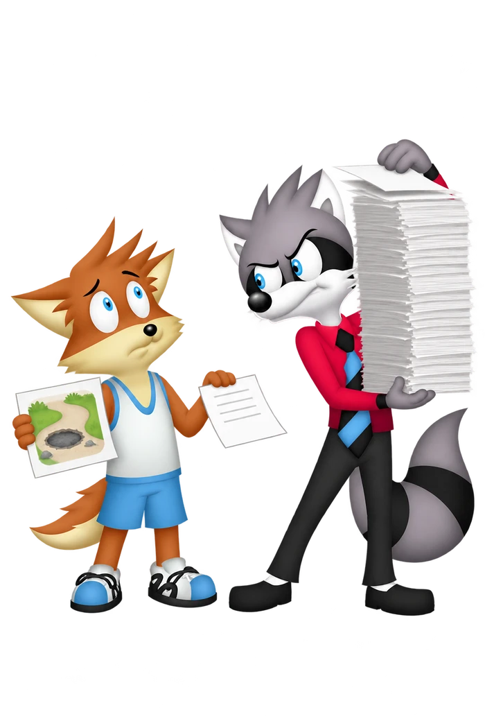 The grey raccoon holds an enormous stack of papers beside an orange applicant carrying a single sheet and a picture of a pothole.